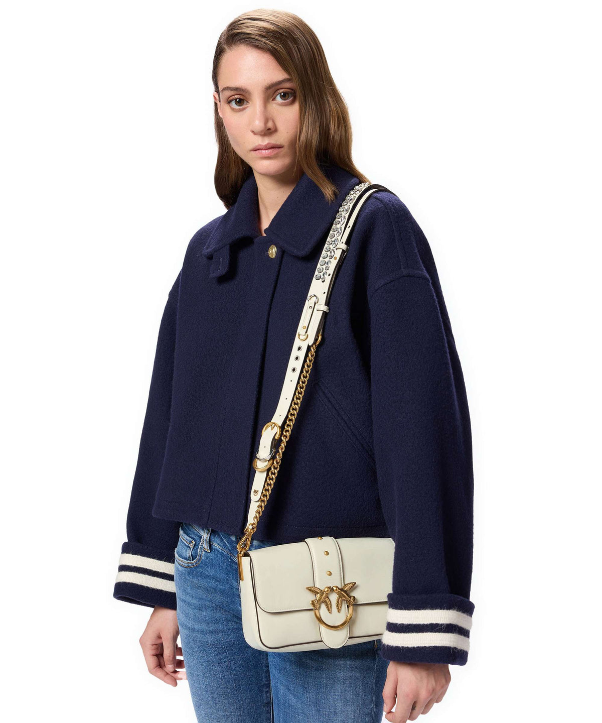 Pinko Love One Mini Slouchy Charms Crossbody bag bianco seta/antique gold